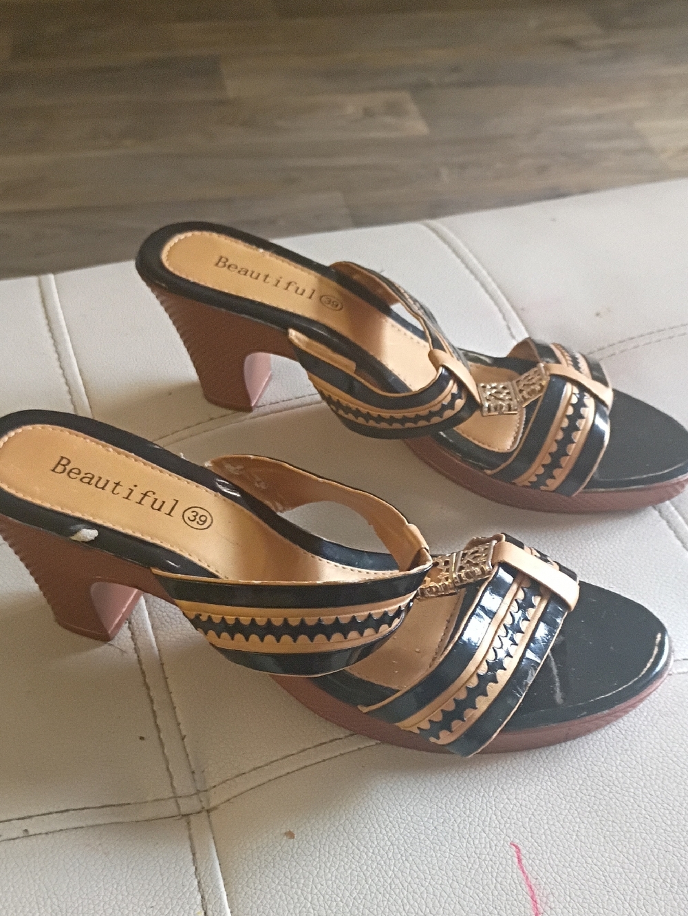 Dressy Black and Gold Slip-On Mules with Decorative Accent - Picture 2 of 6